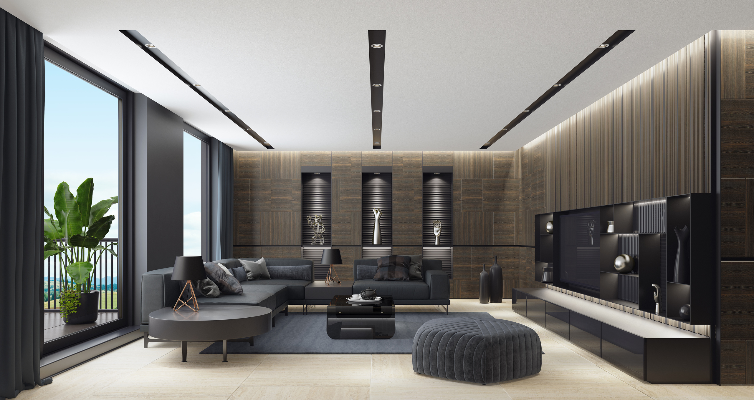 Luxurious apartment with black design living room interior